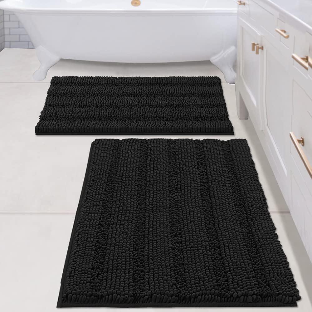 H.VERSAILTEX 2 Piece Bathroom Set - Super Absorbent Chenille Striped Bath Mats - Non Skid Machine Wash Dry Rugs for Bathroom Floor (Black, 24 x 36 Plus 20 x 32 - Inches)
