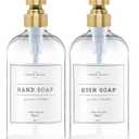Vine Creations Clear Glass Soap Dispenser, 2 Pack Kitchen Soap Dispenser Set with Stainless Steel Pump, 16 oz Dish Soap and Hand Soap Dispensers for Bathroom with Waterproof Labels (Clear Bottle / Brushed Gold Pump)