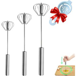Semi-automatic Whisk, Stainless Steel Egg Beater, Hand Push Rotary Whisks Mixer Stirrer for Making Cream, Whisking, Beating and Stirring (Silver)