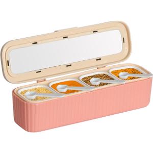 Clear Seasoning Box, 4 Packs Seasoning Rack Spice Pots, Condiment Jars Seasoning Box with Clear Covers and Spoons for Spice, Sugar, Salt, Pepper, Garlic Powder (Pink)