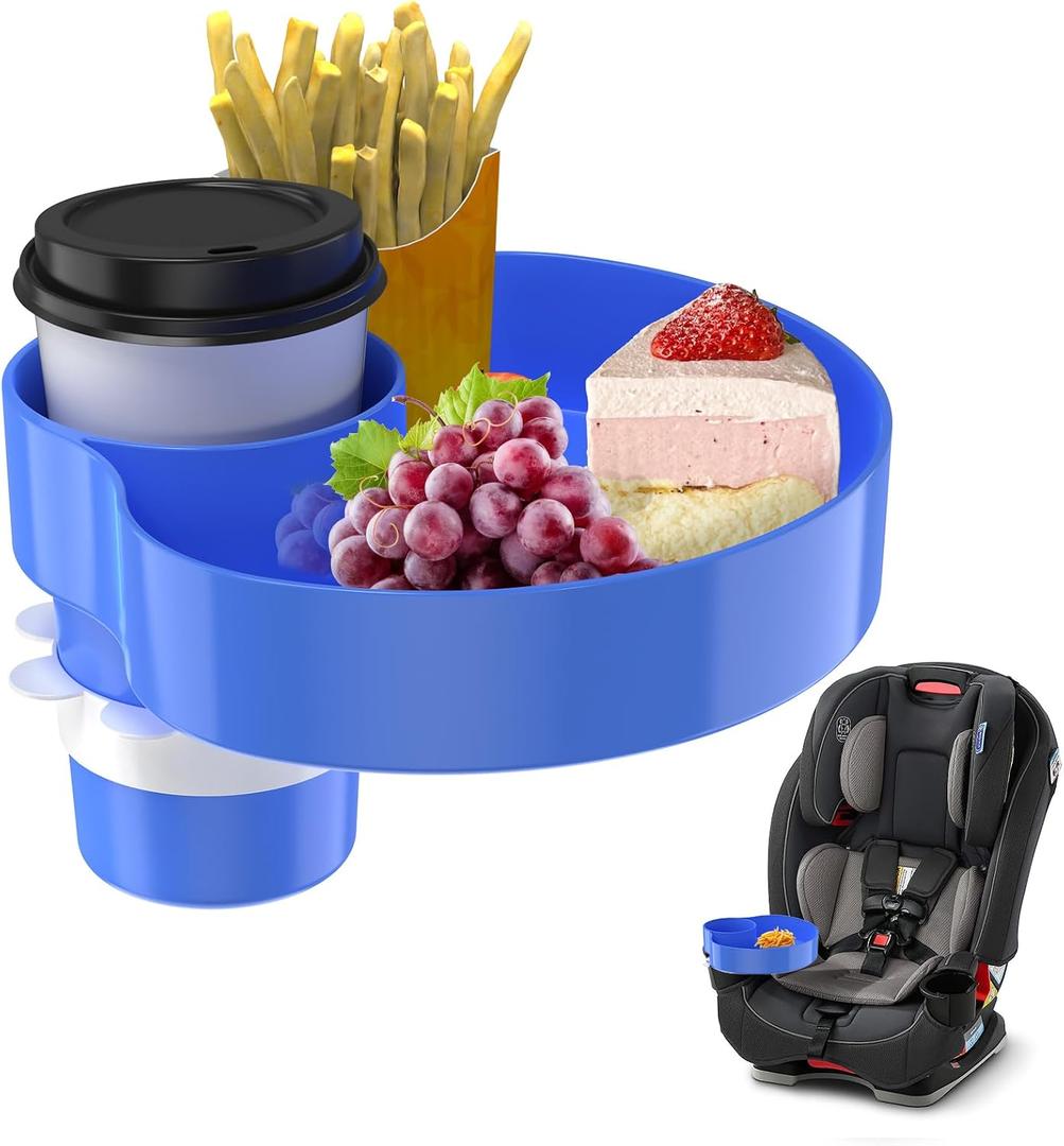 2 x Kids Car Seat Tray, Travel Tray with Cup Holder for Toddler Baby, Kids Car Seat Food Snack Organizer for Road Trip, Stroller snack tray travel must haves - Blue