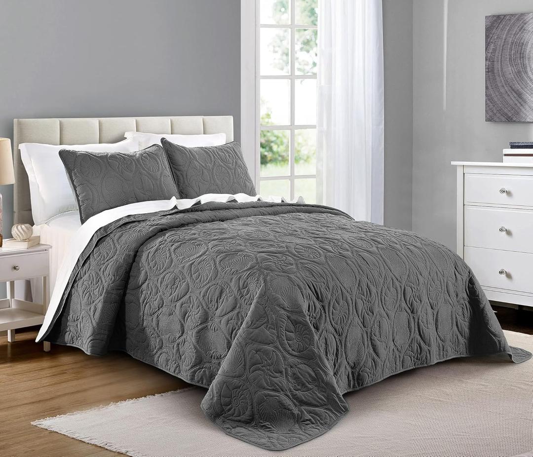 Pure Bedding Quilt Set King/Cal King/California King Size Dark Grey - Oversized Bedspread - Microfiber Coverlet - Includes 1 Quilt and 2 Shams, Ocean Star Pattern