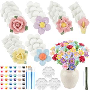 RattanView 24 Set 3D DIY Flower Ceramics to Paint Kit Ready to Paint Your Own Flower Figurines Unpainted Ceramics Spring Painting Statues Crafts for Adult Party Favor