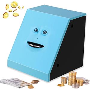 Face Bank, Piggy Bank Coin Eater Funny Bank, sunsbell Money Eating Coin Bank Piggy Bank Boalord, Battery Powered Money Saving Box, Wacky Coin Jar Face Coin Bank - Blue (3.8*3.9*3.9", Biue)