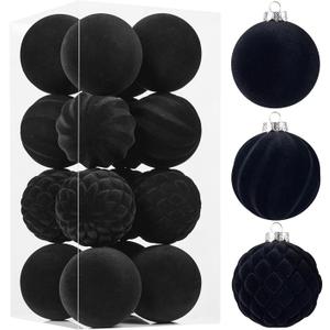 Wironlst Velvet Ornaments for Christmas Tree, 3 Style Flocked Matte Velvet Christmas Ball Ornaments, Shatterproof Decor for Xmas Tree Wedding Holiday Party Home (3.15" 16pcs Black)