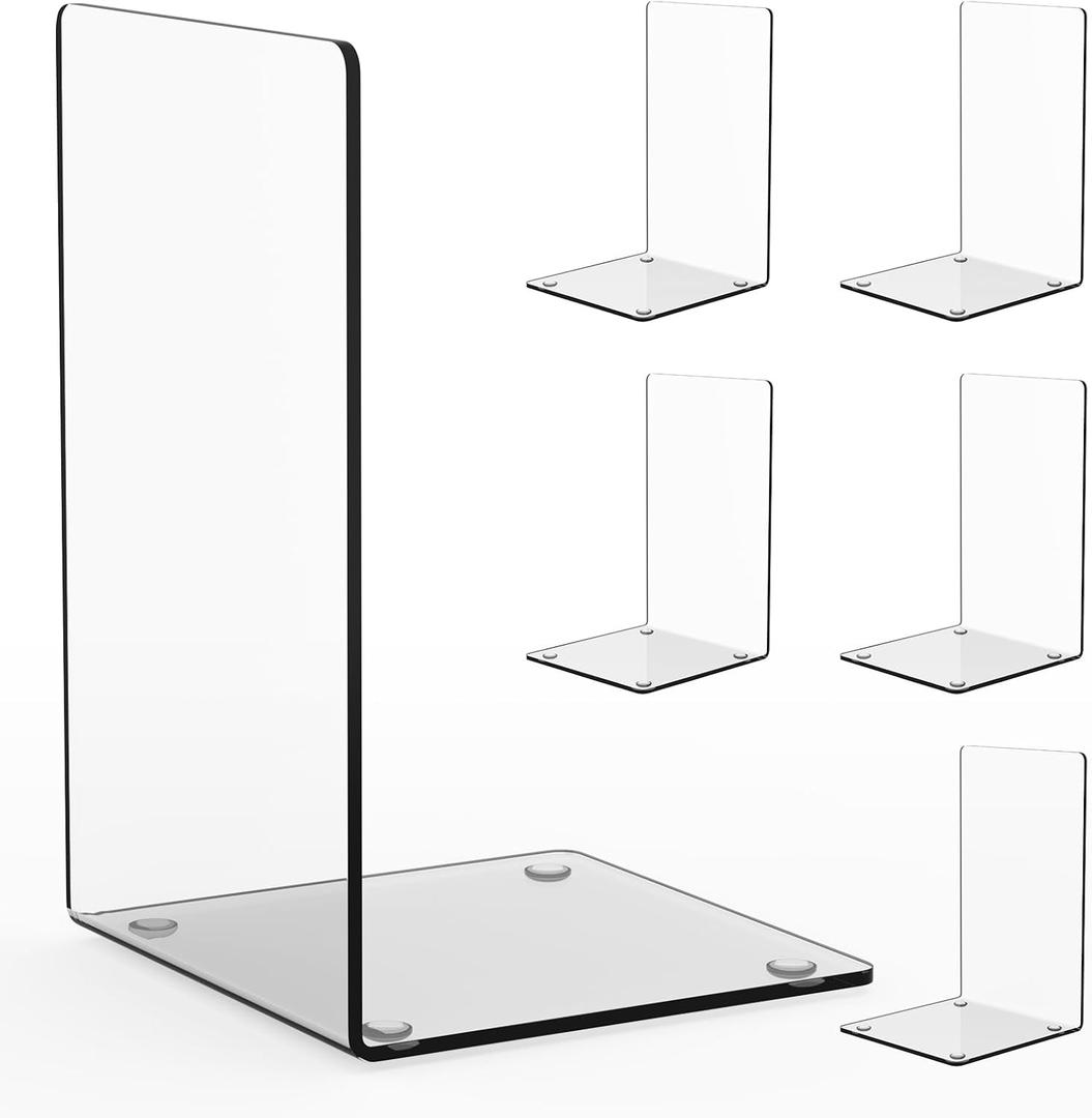 6 Pack Premium Book Ends, Clear Acrylic Bookends for Shelves, Sturdy Bookends for Heavy Books, Book Organizer with Anti Slip Mats for Library Office School, Fit for Most Decorative Styles