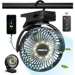 Portable Clip on Fan 65 Working Hours, Camping Fans with LED Lights & Hook, 12000 Capacity Battery Operated Fan with Clamp, USB Rechargeable for Desk, Tent, Treadmill, Stroller, Golf Cart, Home (Black)