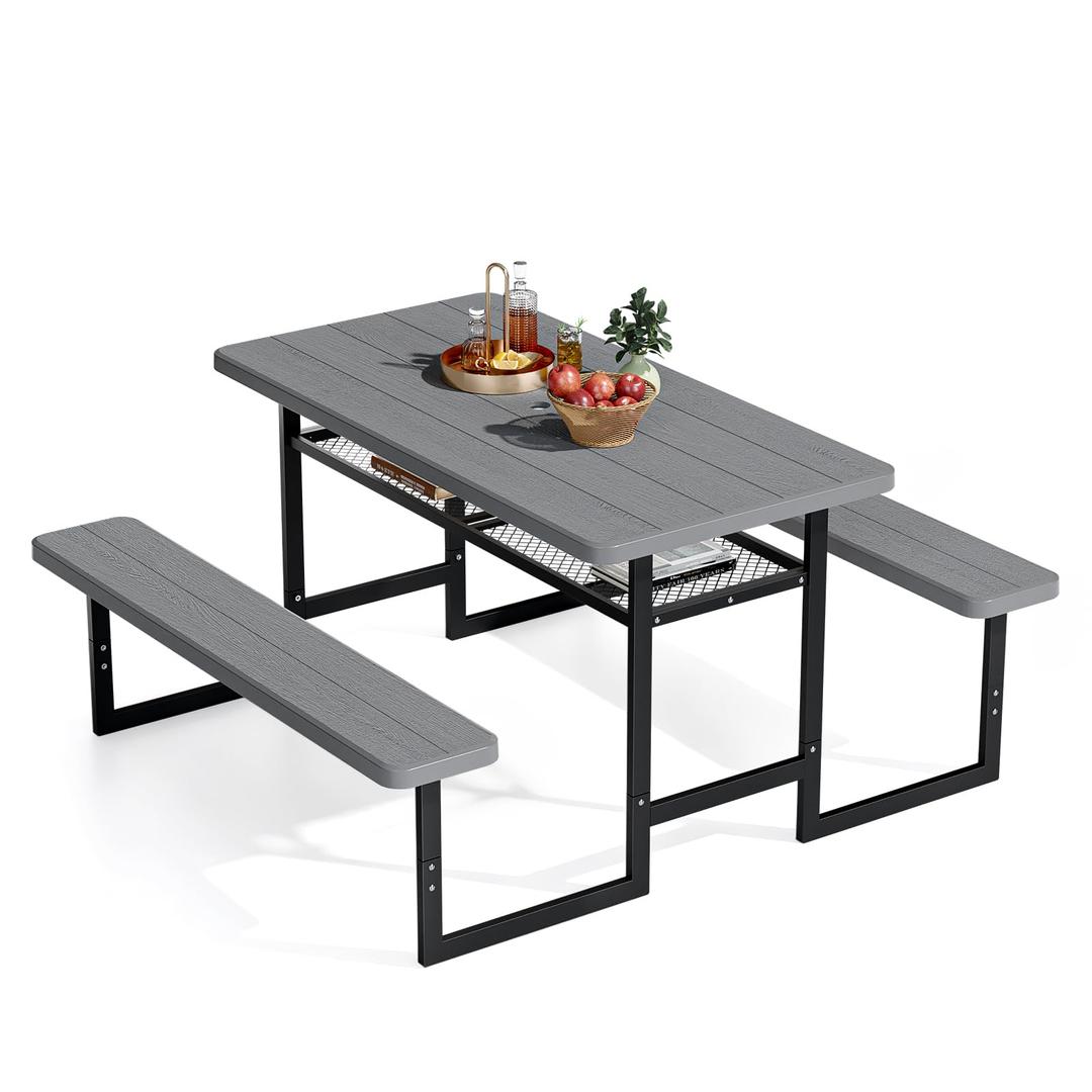 VINGLI 4.5FT Outdoor Picnic Table with Storage Shelf & Umbrella Hole, All Weather Metal Frame HDPE Tabletop Plastic Picnic Table for Dining Party Garden(Grey)