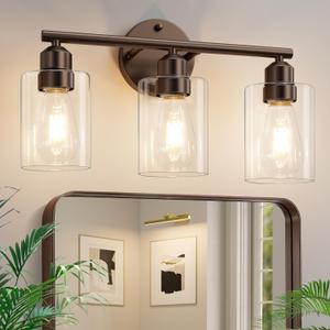 3-Light Bathroom Vanity Light Fixture, Modern Wall Lamp for Mirror with Clear Glass Shade (D-Clear Glass & Brown)