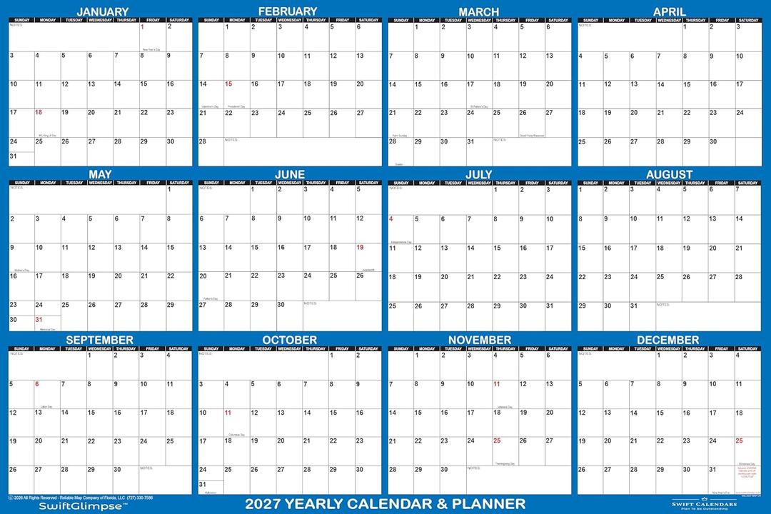36" x 54" SwiftGlimpse 2027 Wall Calendar Erasable XXLarge Wet & Dry Erase Laminated 12 Month Annual Yearly Wall Planner, Reversible, Horizontal/Vertical, Navy