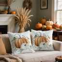 4 x Fall Pillow Covers 18x18 Set of 2, White Linen Orange Pumpkin Decorative Throw Pillow Cases, Double-Sided Print, Autumn Harvest Cushion Covers for Couch Sofa Bed