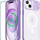 Clear Case Compatible with iPhone 15 MagSafe Sliding Camera Lens Cover with 1 Screen Protector, [Strong Magnets][Anti Yellow] Anti Scratch Acrylic Back Soft Frame iPhone 15 Case 6.1"(Purple)