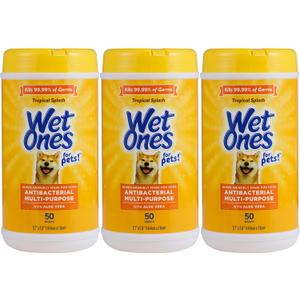 Wet Ones for Pets Antibacterial Dog Wipes, Tropical Splash, 50 Count, 3-Pk | Multi-purpose grooming wipes with aloe vera for paws, face, and body, easy cleanups between baths