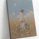 Jesus Leaves the 99 Sheep Canvas Wall Art Jesus in Wildflower Field Wall Decor Picture Christ Spiritual Faith Poster Print for Living Room Bedroom Church Paintings Decoration Prepare To Hang (16"L x 12"W)