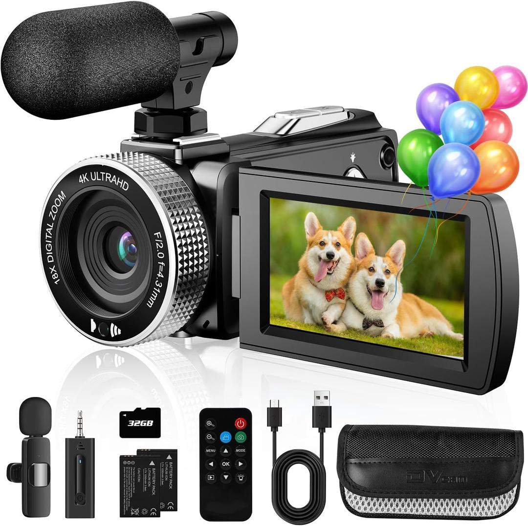 Camcorder Video Camera 4K 48MP Vlogging Camera for YouTube TikTok with Wireless Lavalier Microphone for Video Recording, 18X Digital Video Camera 3.0 Inch Screen Digital Camera with Remote (Black)