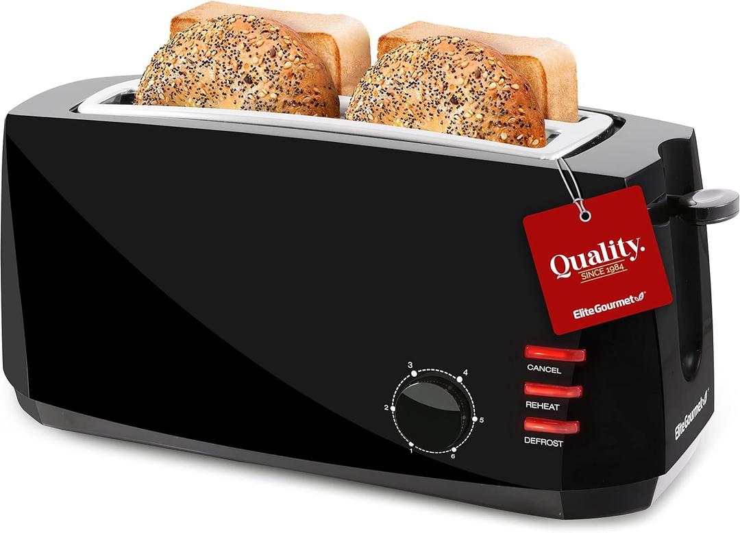 Elite Gourmet ECT4829B# Long Slot 4 Slice Toaster, Reheat 6 Toast Settings, Defrost, Cancel Functions, Built-in Warming Rack, Extra Wide Slots for Bagels Waffles, Black