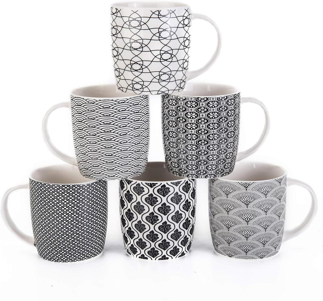 Set of 6 11.5 oz Coffee Mugs with Black and White Geometric Patterns, Ceramic Tea Cup Set