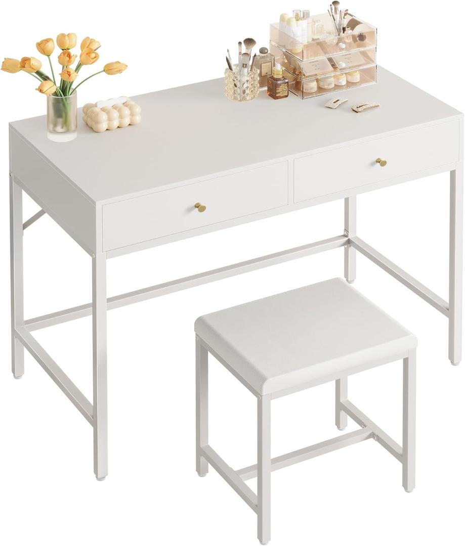 SUPERJARE 31.5" White Desk with 2 Drawers, Modern Makeup Vanity with Padded Stool, Small Computer Desk Home Office Desk for Writing Study Bedroom