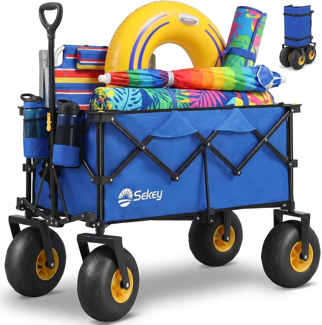 Sekey Heavy Duty Beach Wagon with 9" Big Sand-Proof Wheels – 600lb Capacity, 200L Oversized Foldable Cart | Adjustable Handle & All-Terrain Tires for Sand, Camping, Groceries