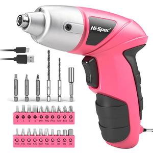 Hi-Spec Small Electric Screwdriver, Mini Drill Set, Rechargeable 3.6V Cordless Screwdriver with 26 Driver Bits, Power Tool for Small Projects & Home Use, Pink