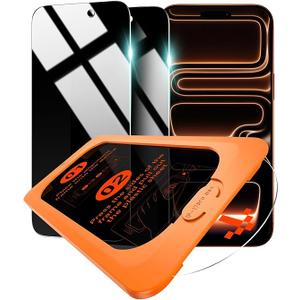 OMOTON Privacy Screen Protector for iPhone 17 Pro [AutoAlign Installation], Tempered Glass with 9H+ Hardness & 12FT Military Grade Shatterproof, 100% AntiSpy, Full Coverage Protection, 2 Pack