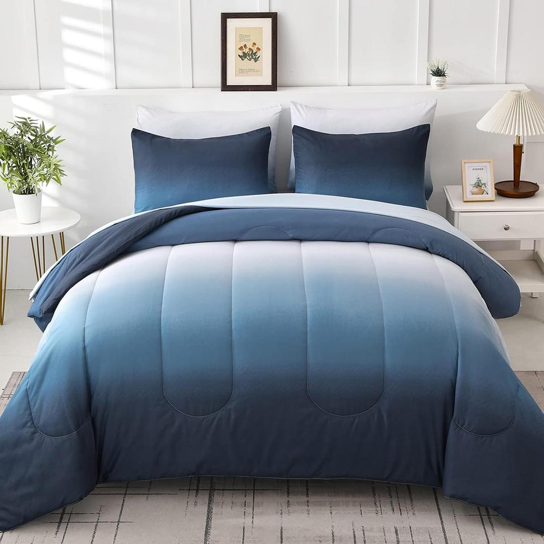 Gradient Blue White Comforter Set King Size 7 Pieces Ombre Navy Blue Bed in a Bag Complete Bedding Set - Breathable Solid Ocean Sea Blue Bed Sets with Flat/Fitted Sheet, 2 Pillowcases, 2 Pillow Shams