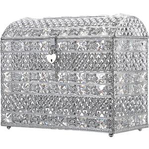 ELLDOO Crystal Wedding Card Box with Heart Lock, Vintage Money Card Box Treasure Chest Style Silver Gift for Wedding Receptions, Centerpiece Decor, Anniversary Keepsake, Gift, Large Size