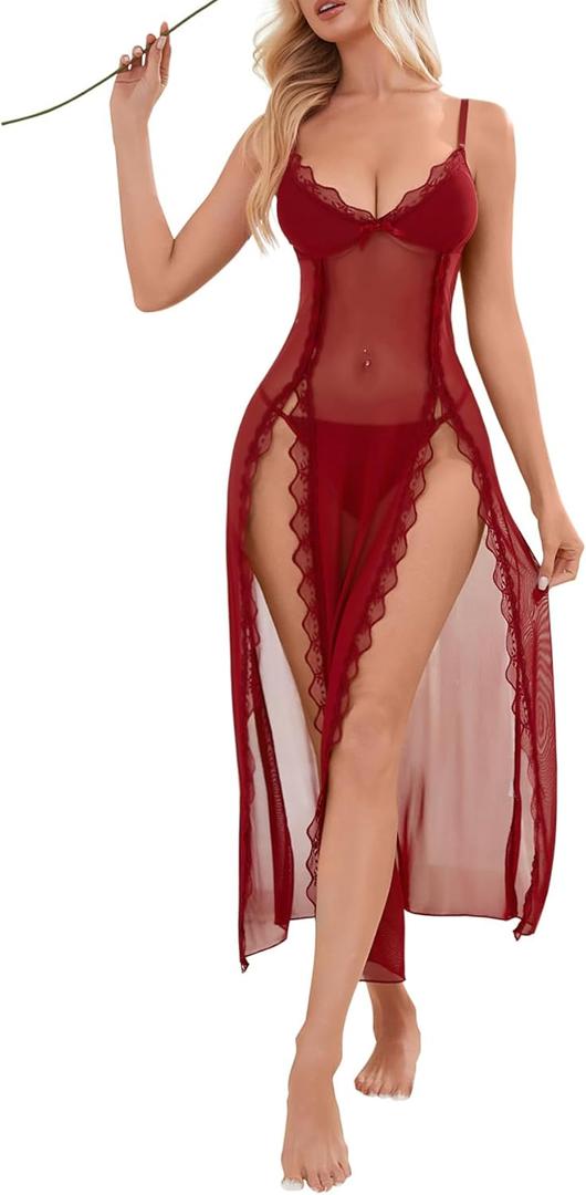 Foxiny Sexy Side Split Long Lace Sheer Lingerie Dress V Neck Night Gowns with Thong 2 Piece Set (Red, XXL)