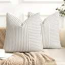 Farmhouse Pillow Covers 24x24, Modern Accent Square Throw Pillow Covers Set of 2, Black and Beige Striped Patchwork Linen Decorative Pillows Cushion Covers for Couch Chair Bedroom Fall Decorations 