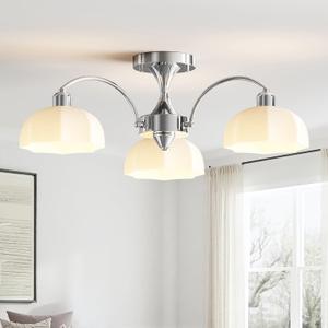 Milk Glass Chandelier Farmhouse Rustic Semi Flush Mount Ceiling Lamp Frosted White Globe Pendant Light Mid Century Modern Wood Grain Chandelier Sputnik Ceiling Light (3- Light- Chrome)