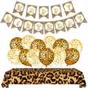 15 Pieces Cheetah Happy Birthday Decorations Leopard Print Banner Cheetah Birthday Banner Gold Balloons Leopard Print Plastic Tablecloth for Boy Girl Baby Shower Theme Supplies Decorations
