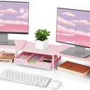 OPNICE Wood Desk Organizers and Accessories, Dual Monitor Stand Riser with Drawer and 2 Pen Holders, Desk Shelf Computer Racks for Office Workspace Organizers, Desktop Organization (Pink)