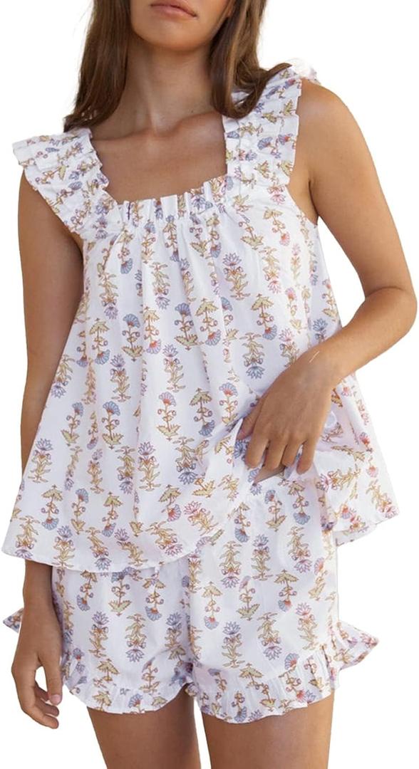 Farktop Womens Floral Print Pajama Sets Ruffle Trim Cami and Casual Shorts 2 Piece Lounge Set PJ (White, L)