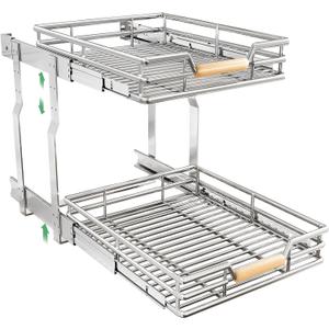 Pull out Cabinet Organizer, 2 Tiers 17"W X 21"D, Heavy Duty Smooth Sliding Under Cabinet Shelves for Pots and Pans, Full-Extension Roll out Drawers, Slide out Organization for Home Kitchen Pantry
