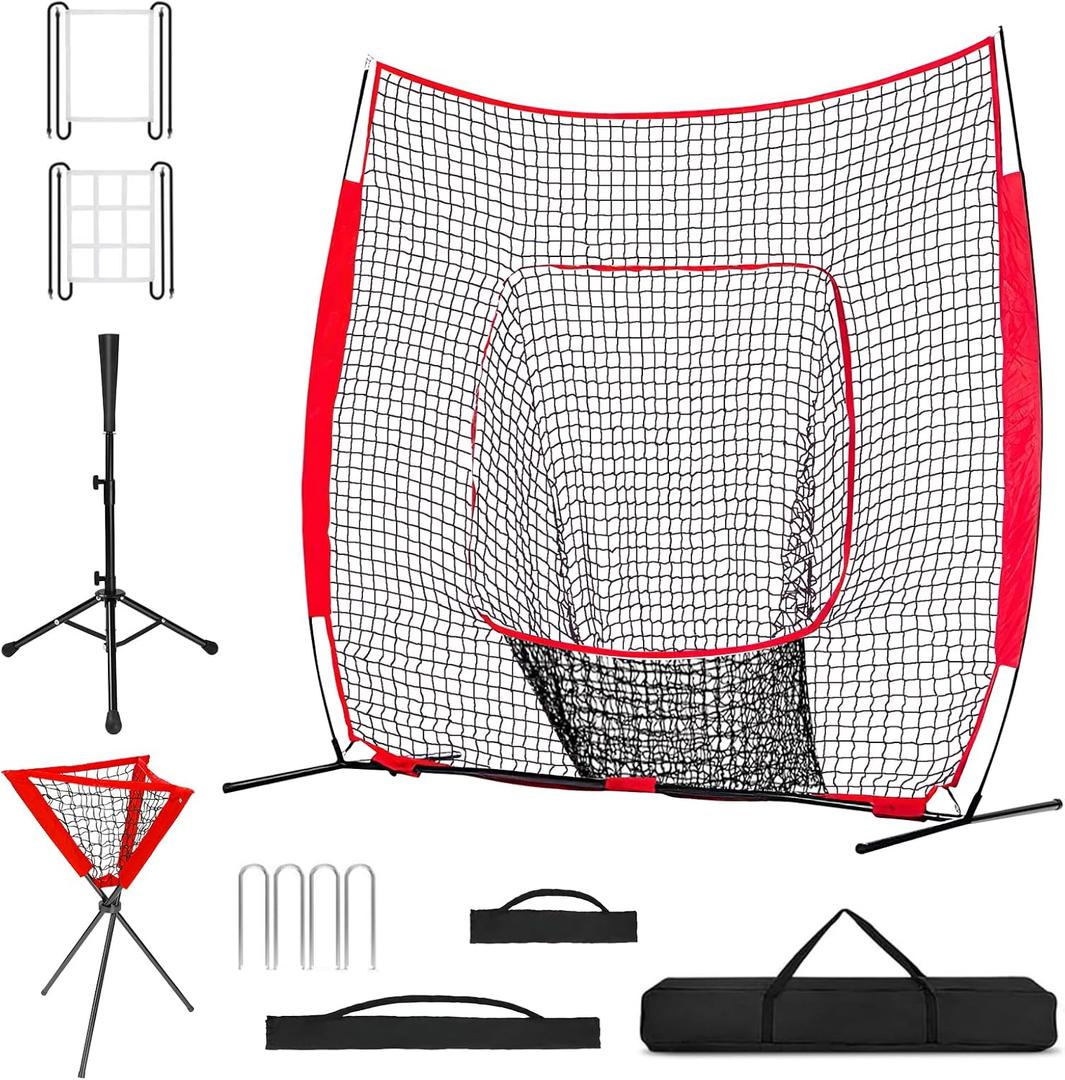 7x7 ft Baseball & Softball Practice Net with Bow Frame for Batting, Hitting, Pitching, Portable Baseball Training Net with Batting Tee, Ball Caddy, 2 Strike Zone and Carry Bag and Stakes, 7x7 ft, Strike Zone Version, Red