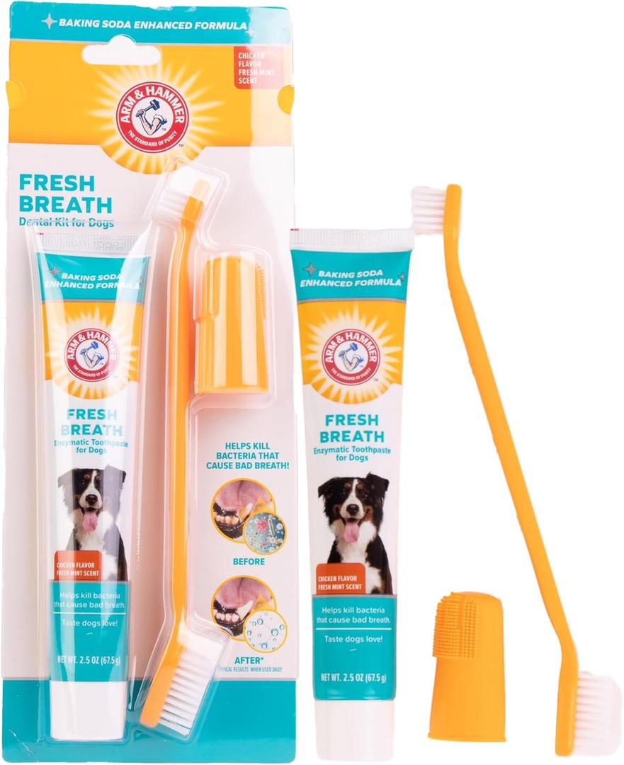 2 x Arm & Hammer for Pets Fresh Breath Enzymatic Dog Dental Care Kit - Includes Dog Toothpaste, Dual Sided Toothbrush and Fingerbrush - Bad Breath Treatment, Chicken Flavor, 2.5 Ounce