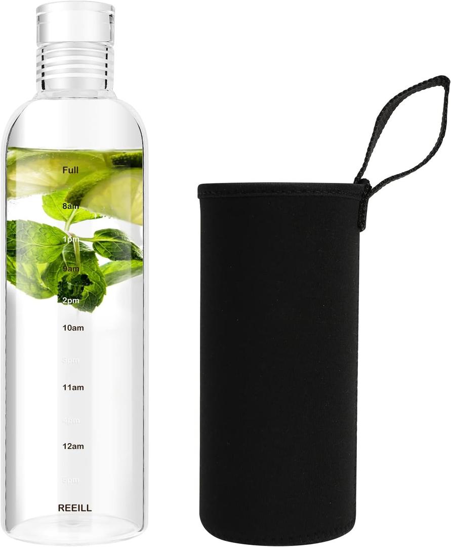 Clear Glass Water Bottles With Time Marker Non-slip Sleeve And Lid, Reusable Glass Drinking Bottles,Drink Water Bottle 17 Oz,Suitable For Drinks, Juices, Sodas,As Gifts (500ml)