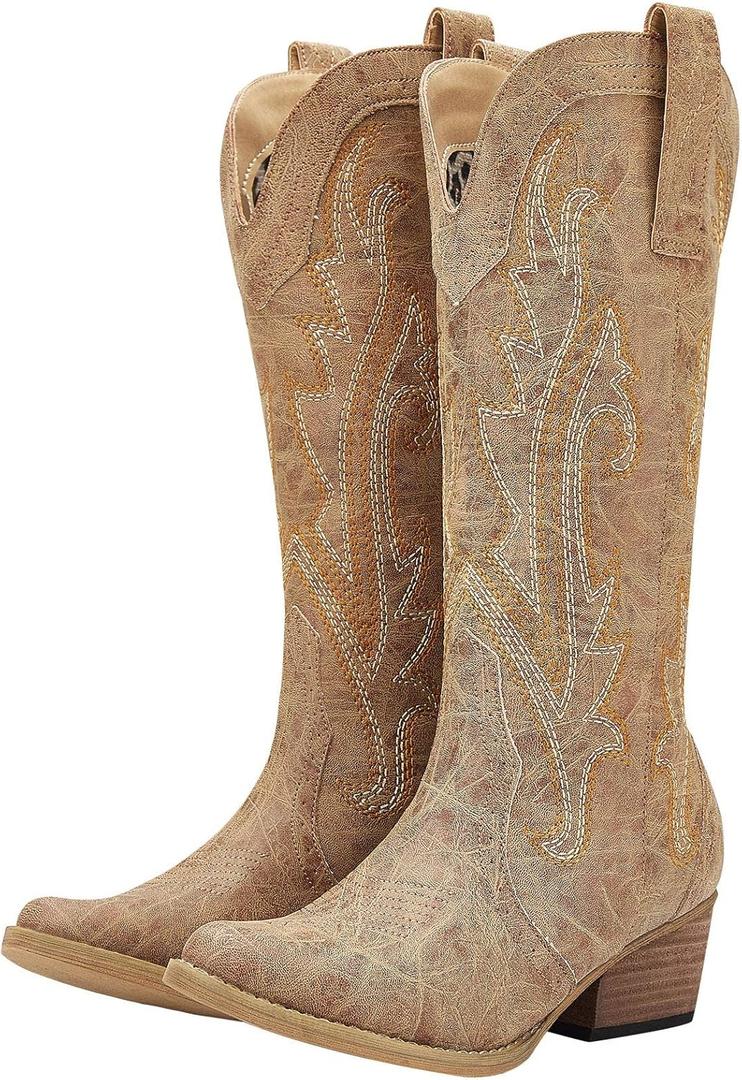 HISEA Rollda Cowboy Boots Women Western Boots Cowgirl Boots Ladies Pointy Toe Fashion Boots (8, Tan)