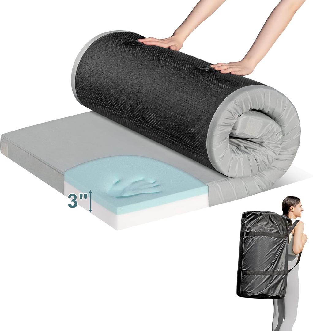 Memory Foam Camping Mattress Pad, CertiPUR-US Waterproof Portable Roll Up Mattress for Adults, Thick Floor Sleeping Mat Pad for Car Truck Tent with Travel Bag, Single（75"X 30" X 3")