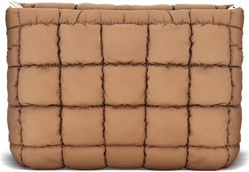 URSKYTOUS Puffy Quilted Makeup Bag Cotton Small Brown Travel Cosmetic Bag Cute Puffer Toiletry Bag Portable Zipper Makeup Pouch Coquette Aesthetic Makeup Brush Storage Organizer for Women Girls