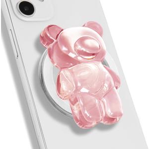 Magnetic 3D Gummy Bear Style Expandable Collapsible Mobile Phone Grip Stand Holder for Smartphone Tablet Cell Phone Accessory (Clear Pink)