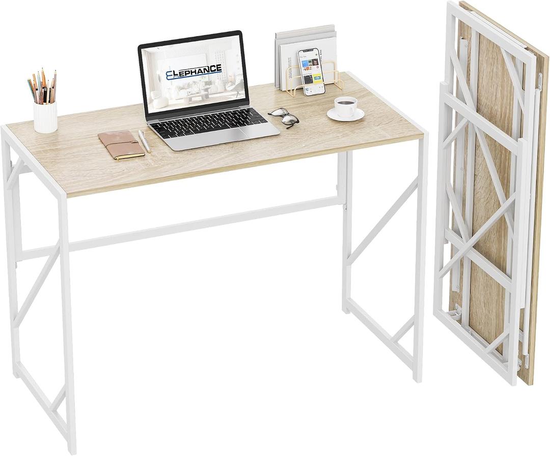 Elephance Folding Desk Writing Computer Desk for Home Office, No-Assembly Study Office Desk Foldable Table for Small Spaces  Beige 31.5 Inch