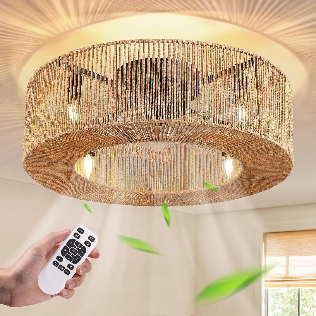 24 Inch Boho Ceiling Fan with Light & Remote, Rattan Caged