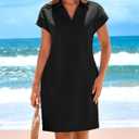 Okiwam Women's Spring Summer Dresses 2025 Casual Short Sleeve V-Neck T-Shirt Mini Vacation Sun Dresses with Pockets (Black, XL)