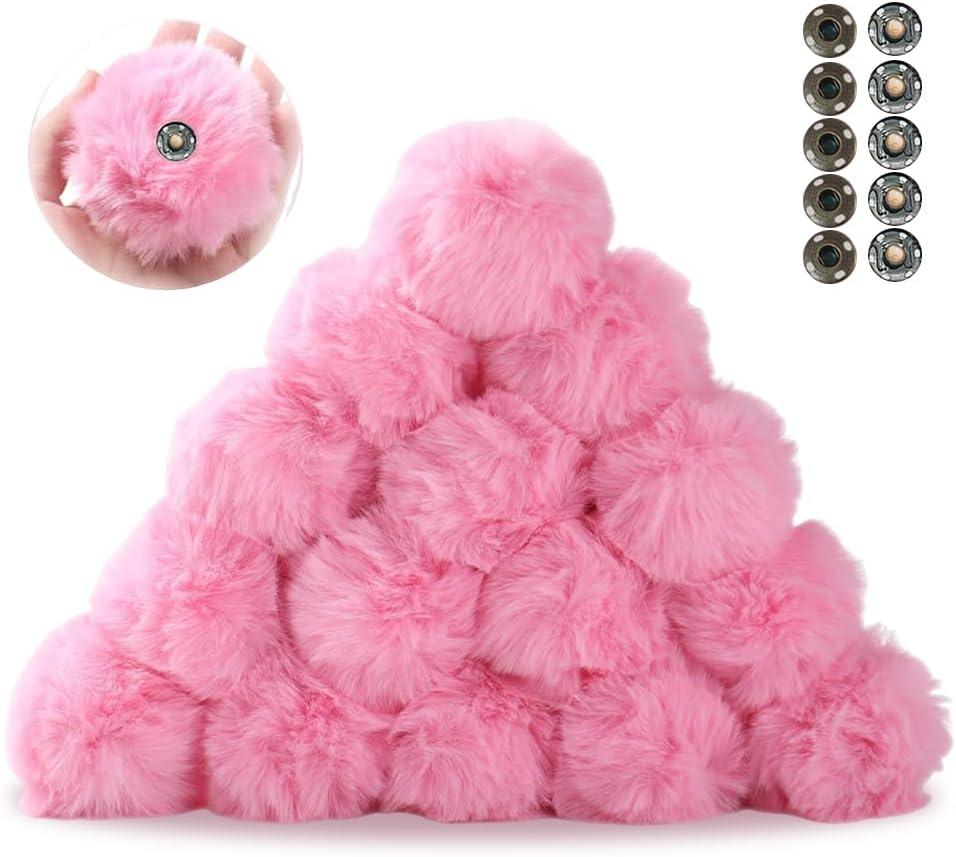 Ouliget Pom Pom Balls,Removeable Button Faux Fur Pom Poms,DIY Creative Crafts Pom poms, Fluffy Balls Fits Art and Decoration Shoes Scarves Bags,Pink, 20 Pieces, 3 Inches