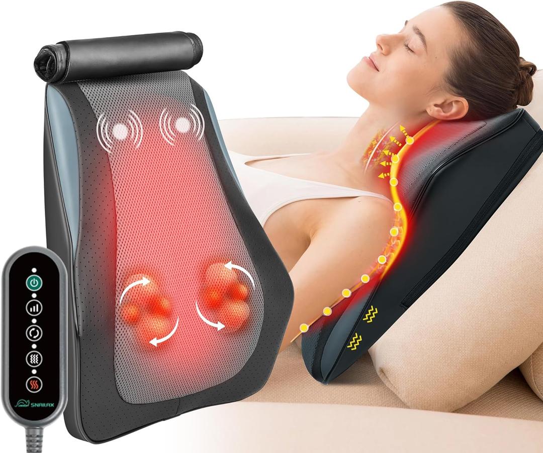 Snailax Back Massager for Back Pain Deep Tissue, Shiatsu Lower Back Neck Massager with Heat, 3D Kneading Massage Pillow for Neck Shoulder Legs, Gifts for Mom, Dad, Women (15.7" x 12.6" x 4.3")