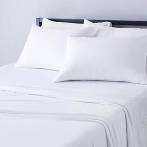 Amazon Basics 4 Piece Bed Sheet Set, 100% Cotton Jersey, Includes Super Soft, Flat and Fitted Sheets, Pillowcase, King, White, Solid