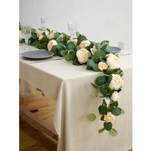 MISSPIN 2pcs Artificial Flowers Garland Spring Eucalyptus Garland Vintage Fake Flower Peony Rose Vine Greenery Decorative Wall Hanging Plant for Wedding Arch Door Arrangement Party Decor (Light Champagne-2)