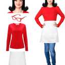 4 Pcs Halloween Costume for Women Include Black Wig Long Sleeve Shirt Red Cat Eyeglasses White Half Apron for Halloween (X-Large)
