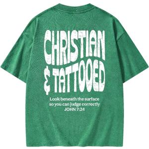 Graphic Tees Summer Women Men Cotton Novelty Oversized Crew Verse in Bible Christian Washed T-Shirt (Green, XL)